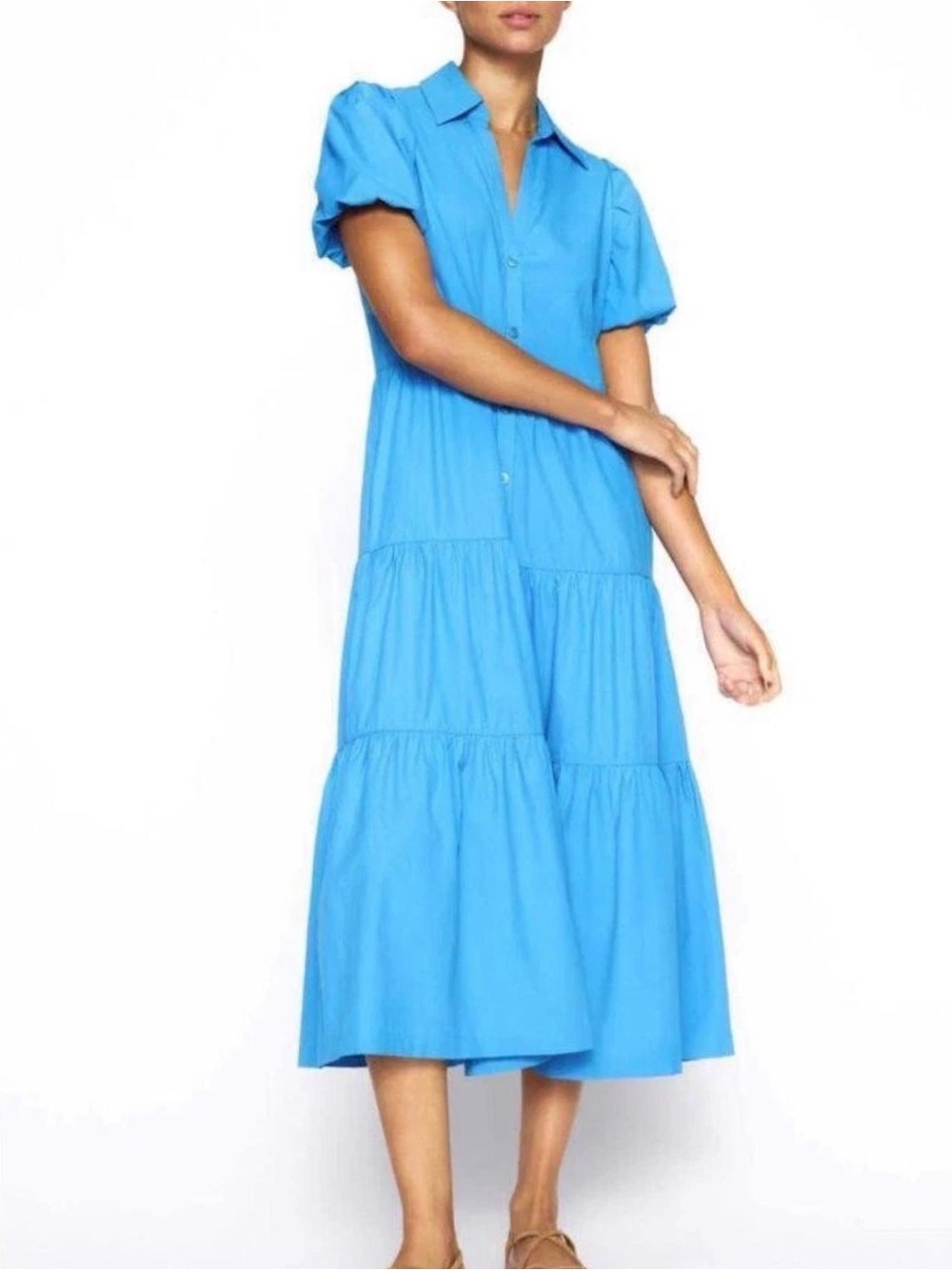 Brochu Walker Bright Blue Tiered Midi Shirt Dress
